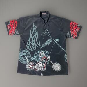Sapphire Lounge Chopper Motorcycle Flames Shirt Black Red Graphic Size L